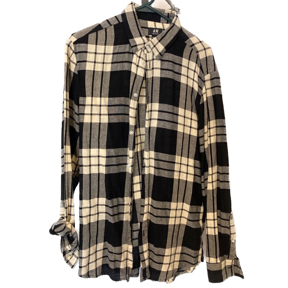 H&M Flannel Long Sleeve Shirt, Regular Fit, Men's Medium, Black and White Plaid